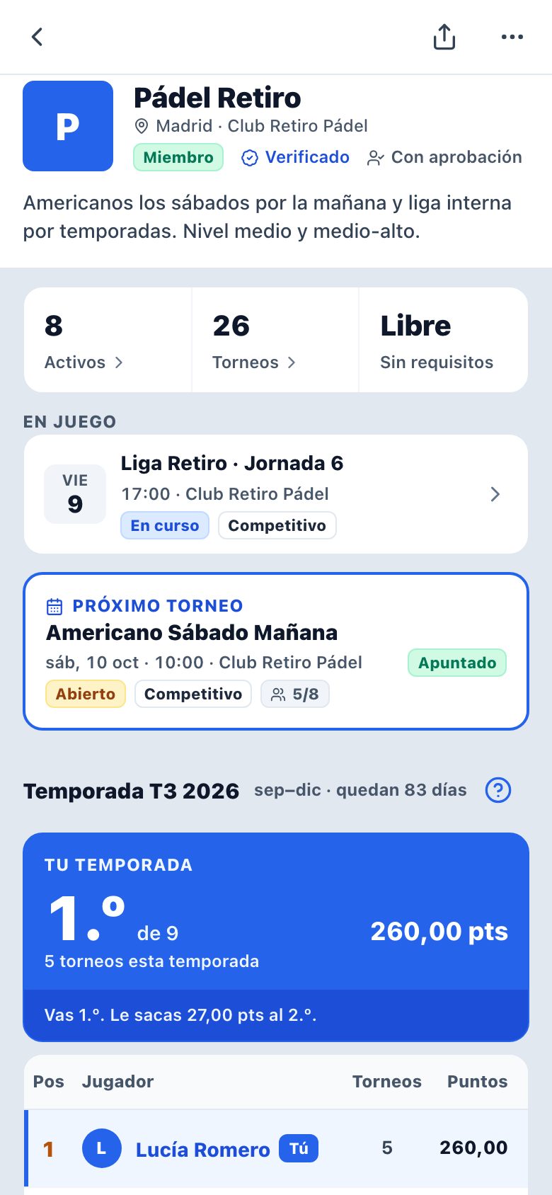 Ficha del club con la temporada en curso y el próximo torneo